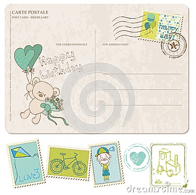 Baby Boy Birthday Postcard with set of stamps Vector Illustration