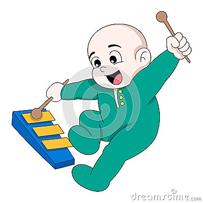 Baby boy is doing funny behavior playing percussion instrument Vector Illustration