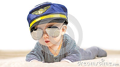 Baby boy dressed like a pilot Stock Photo