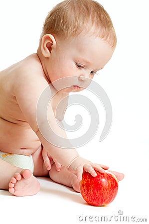 Baby boy eating healthy food isolated Stock Photo