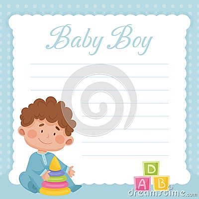 Baby Boy Empty Card with Kid Play Toy Vector Template Vector Illustration
