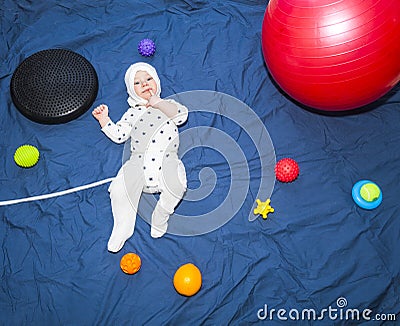 Baby boy Astronaut in outer space Stock Photo