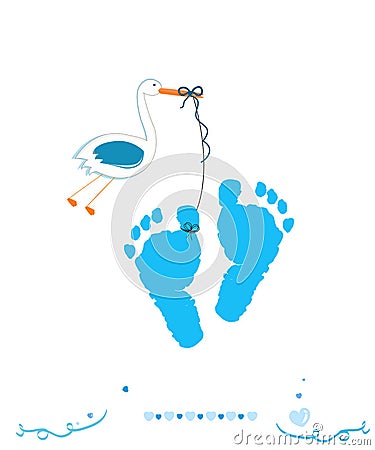 Baby boy foot prints with stork vector greeting card Vector Illustration