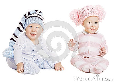 Baby Boy Girl Portrait, Little Kids Woolen Hat, Children Crawlers Creepers Stock Photo