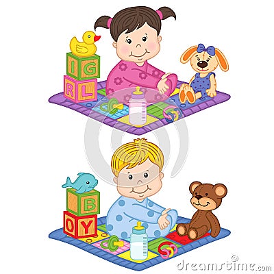 Baby boy and girl sit on the carpet with toys Vector Illustration