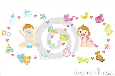 Baby Boy and girl Surrounded With Object It Needs Vector Illustration