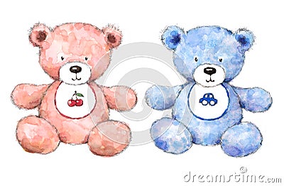 Baby Boy and Girl Teddy Bear Nursery Illustration Set Hand Painted isolated on white background Stock Photo