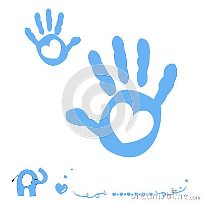 Baby boy hand prints arrival card with heart and elephant Vector Illustration