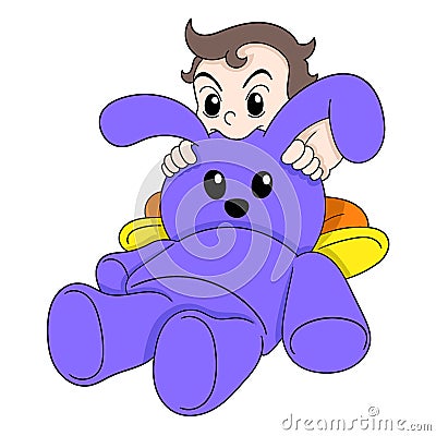 Baby boy is happily biting a big rabbit doll Vector Illustration