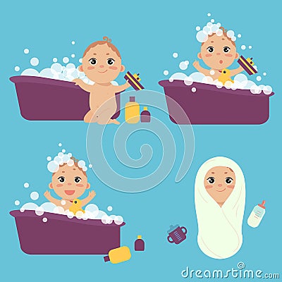 A baby boy having bath in a bathtub with duck Cartoon Illustration