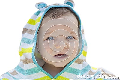 Baby boy with hooded poncho towel Stock Photo