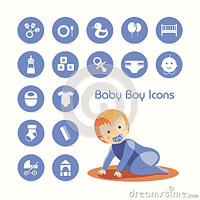 Baby boy and icons set Stock Photo