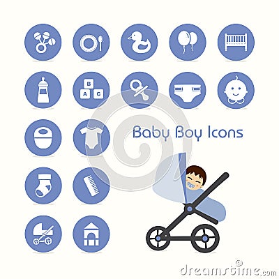 Baby boy and icons set Stock Photo
