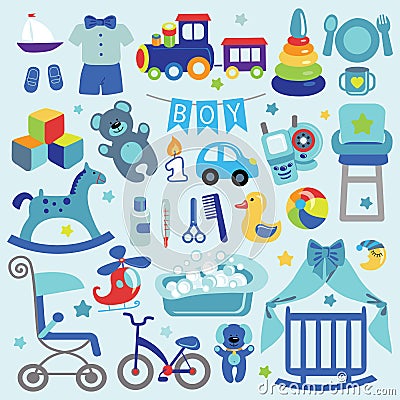 Baby boy items set collection.Baby shower icons Vector Illustration