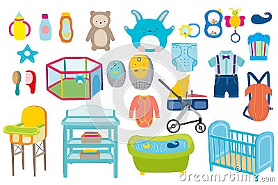 Baby boy kid kit vector illustration. Babies toys, clothes and bath newborn care collection flat style isolated on white Vector Illustration