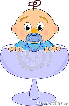 Baby boy with nipple in blue glass Vector Illustration