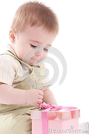 Baby boy open small pink gift box Stock Photo
