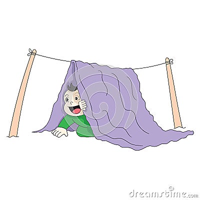 Baby boy is playing hiding in a blanket that is being dried Vector Illustration