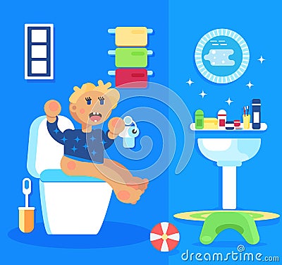 Baby boy seating in the toilet. Vector Illustration