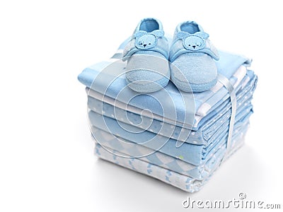 Baby boy shoes on blankets Stock Photo