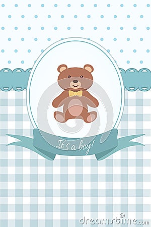 Baby boy shower or arrival card with teddy bear. Flat design Stock Photo