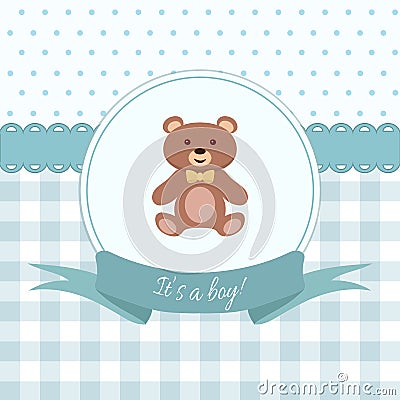 Baby boy shower or arrival card with teddy bear. Flat design Stock Photo