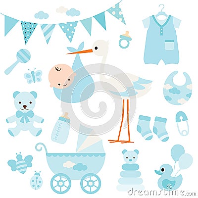 Baby Boy Shower and Baby Items Vector Illustration