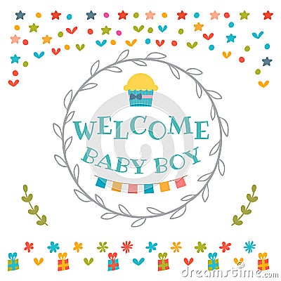 Baby boy shower card. Welcome baby boy. Baby boy arrival postcard. Baby shower greeting card Vector Illustration