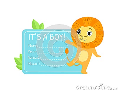 Baby Boy Shower Invitation Template, Pink Card with Cute Lion and Place For Your Text Vector Illustration Vector Illustration