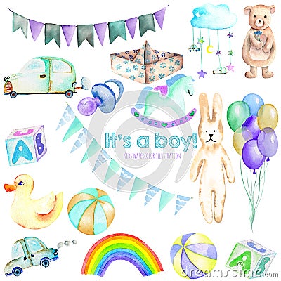 Baby boy shower watercolor elements set toys, cars, air balloons, rainbow, nipple, flags and other Stock Photo