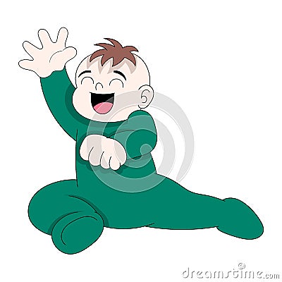 Baby boy is sitting happily laughing happily waving hand greeting Vector Illustration