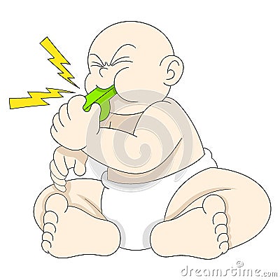 Baby boy is sitting playing blowing a noisy whistle Vector Illustration