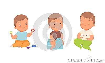 Baby Boy Sitting on Potty-chair and Playing Toys Vector Set Vector Illustration