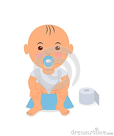 Baby boy sitting on the potty. Learning to pee Vector Illustration