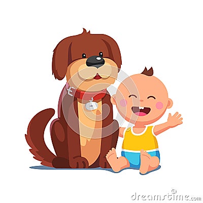 Baby boy sitting together with big brown dog Vector Illustration
