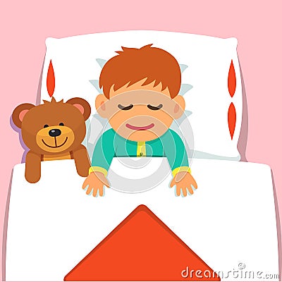 Baby boy sleeping with his plush teddy bear toy Vector Illustration