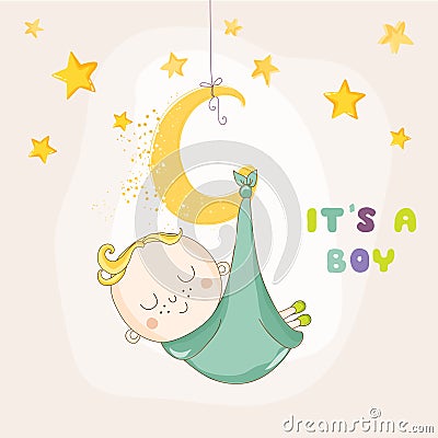 Baby Boy Sleeping on a Moon - Baby Shower Card Vector Illustration