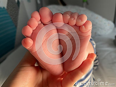 Baby boy small feet, no socks, little toes, playing in bed, blue stripes pijamas Stock Photo