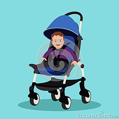 Baby boy in stroller on a blue background. Vector Illustration