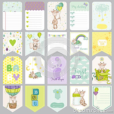 Baby Boy Tags. Baby Banners. Scrapbook Labels. Cute Cards Vector Illustration