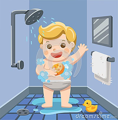 A baby boy taking a shower in bathroom. Vector Illustration