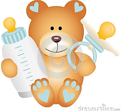 Baby boy teddy bear with baby pacifier and bottle milk Vector Illustration