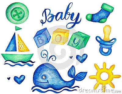 Baby boy watercolor hand drawn elements set with calligraphic title dummy whale and sailboat isolated illustration Cartoon Illustration