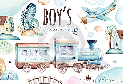Baby boys world. Cartoon airplane and waggon locomotive watercolor illustration. Child birthday set of plane, and air Cartoon Illustration