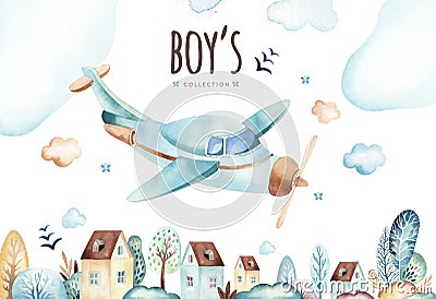 Baby boys world. Cartoon airplane and waggon locomotive watercolor illustration. Child birthday set of plane, and air Cartoon Illustration