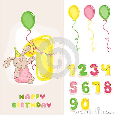 Baby Bunny Birthday Card Vector Illustration