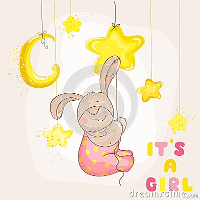 Baby Bunny with Stars and Moon - Baby Shower or Arrival Card - i Vector Illustration