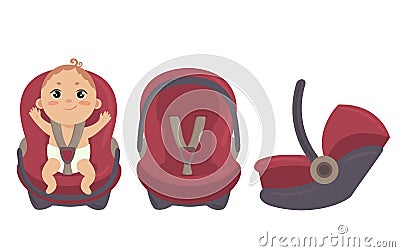 Baby in car seat. Side and front of safety chair Vector Illustration