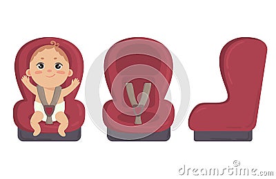 Baby in car seat. Side and front of safety chair Vector Illustration