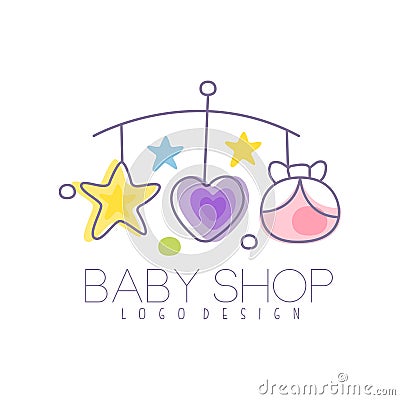 Baby care logo design, emblem with baby bed carousel, label for kids club, baby or toys shop and any other children Vector Illustration